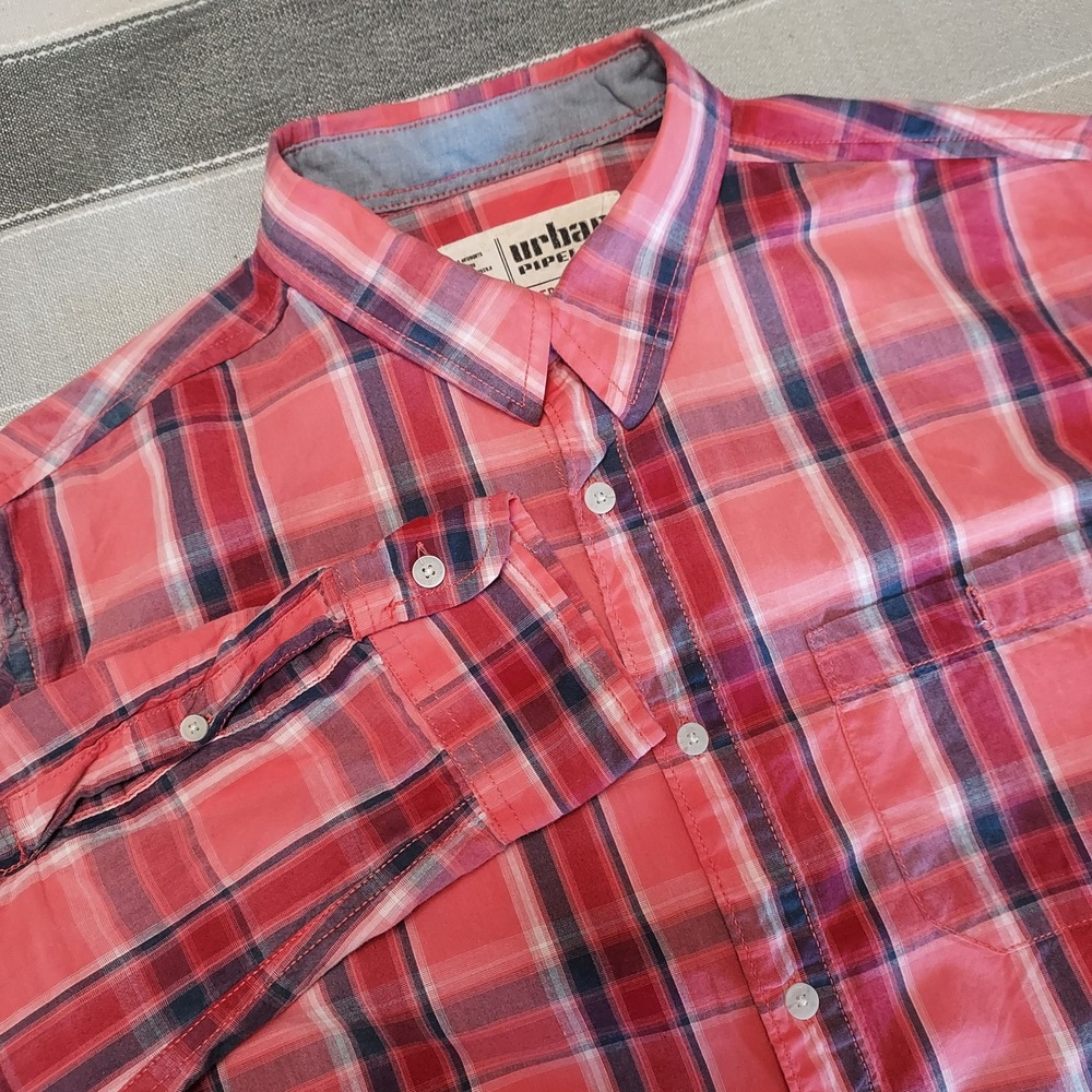 Urban Pipeline Men's Medium Button Down Plaid Roll Tab Sleeve Pink‎ Blue